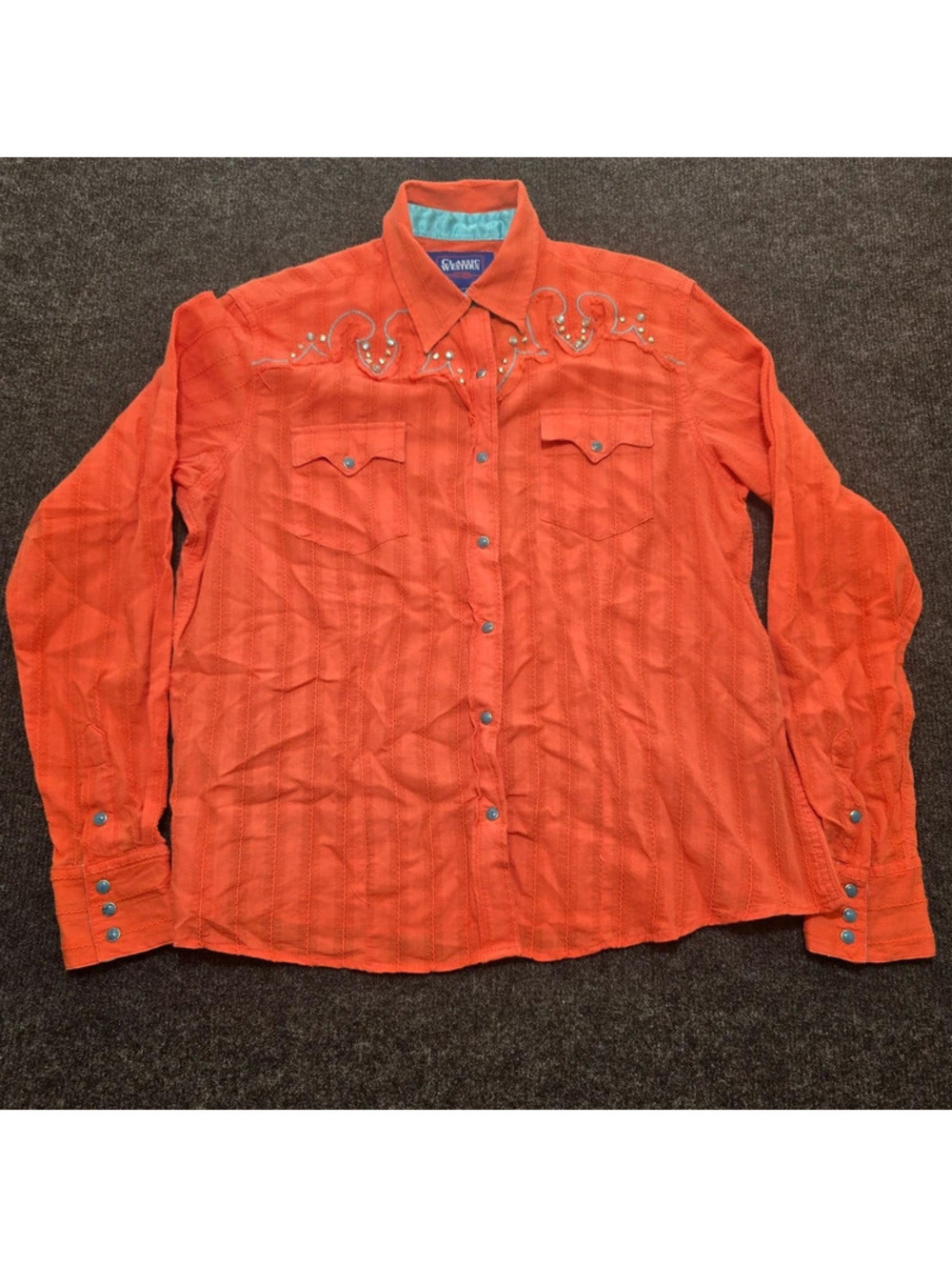 Women’s Classic Western Shirt XL Orange Teal Cowgirl Rodeo Pearl Snap